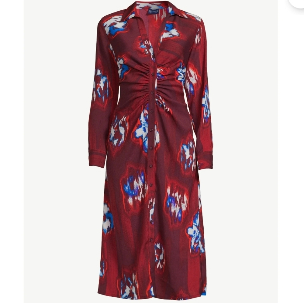 Scoop Midi Abstract Print Shirt Dress, L (12-14), Red Multi